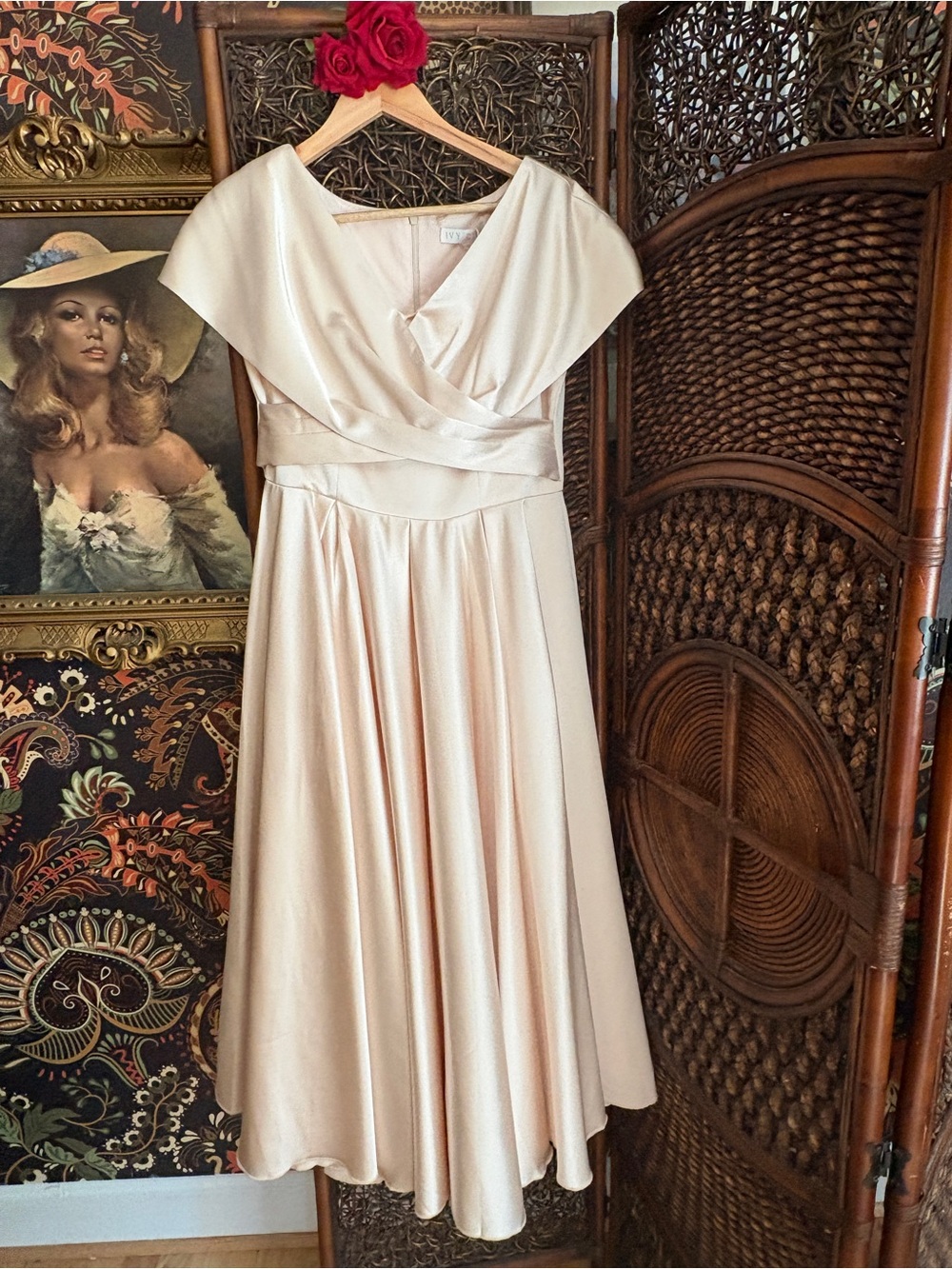 Ivy City Co Champagne Satin Wrap Midi Dress NWT